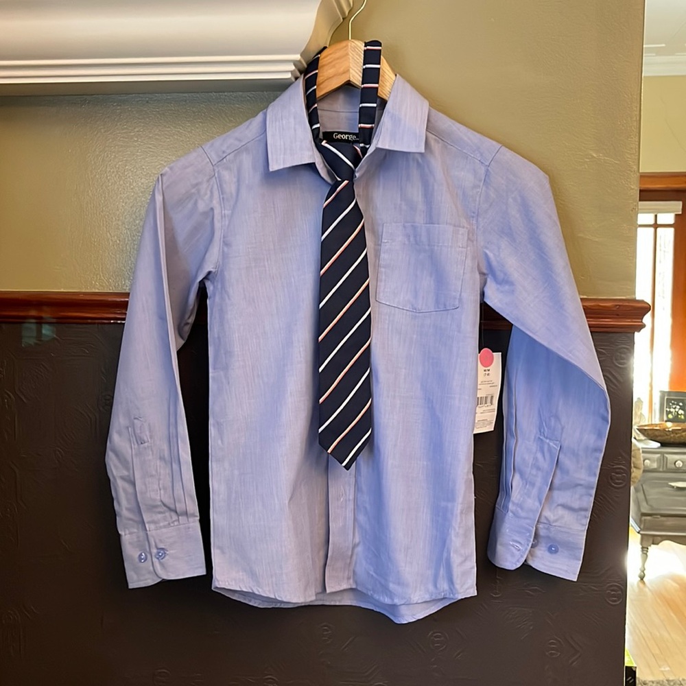 🆕 George Size 7/8 Blue Dress Shirt & striped tie (Velcro back)